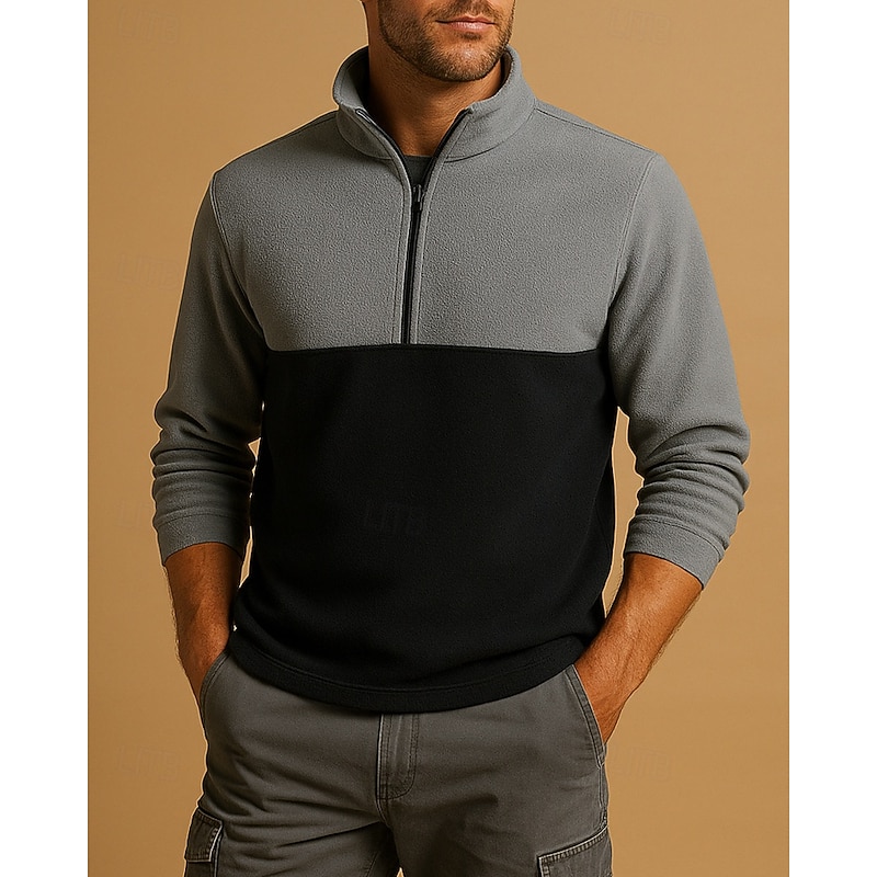Men's Fleece Sweatshirt Quarter Zip Sweatshirt Long Sleeve Stand Collar Tee Tshirt Top Outdoor Thermal Warm Fleece Lining Winter Quarter-Zip Polyester Patchwork Yellow Red Green Hunting Climbing3