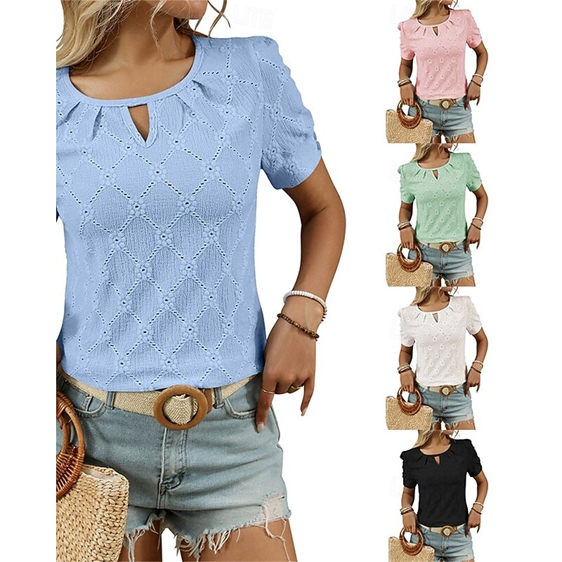 Women's Texture Blouse T Shirt Plain Fashion Modern Short Sleeve Crew Neck Regular Tops Daily Eyelet Black Blue Beige Summer