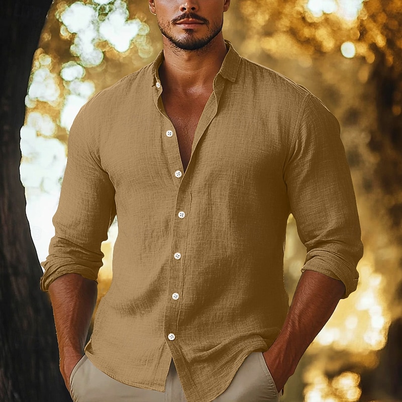 Men's Shirt Linen Shirt Button Up Shirt Plain Vacation Casual Black Yellow Navy Blue Brown Long Sleeve Lapel Summer Fall Clothing Apparel Buttons3