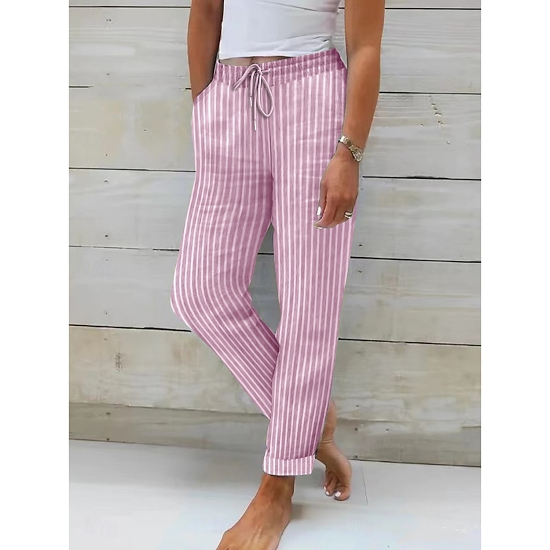 Women's Cotton Linen Pants Pants Trousers Streetwear Casual Long High Waist Stripe Pocket Printing Elastic Drawstring Design Breathability Soft Micro-elastic Vacation Street Daily Wear Black Pink2