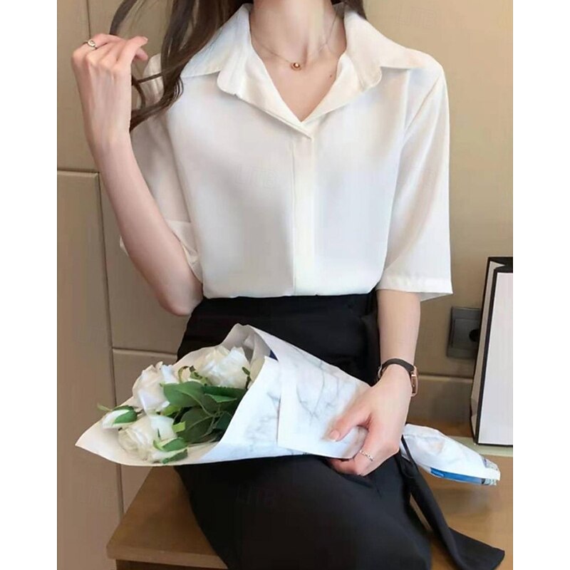 Women's Shirt Texture Blouse Plain Daily Stylish Basic Short Sleeve Shirt Collar Regular Tops Work Daily Holiday Buttons Black White Spring Fall3