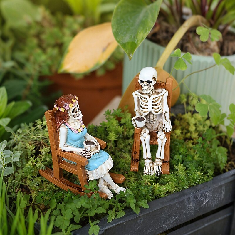 Halloween Resin Rocking Chair Skeleton Couple Figurine, Spooky Coffee Time Skeletons Decoration for Outdoor Yard, Planter, and Home Display2