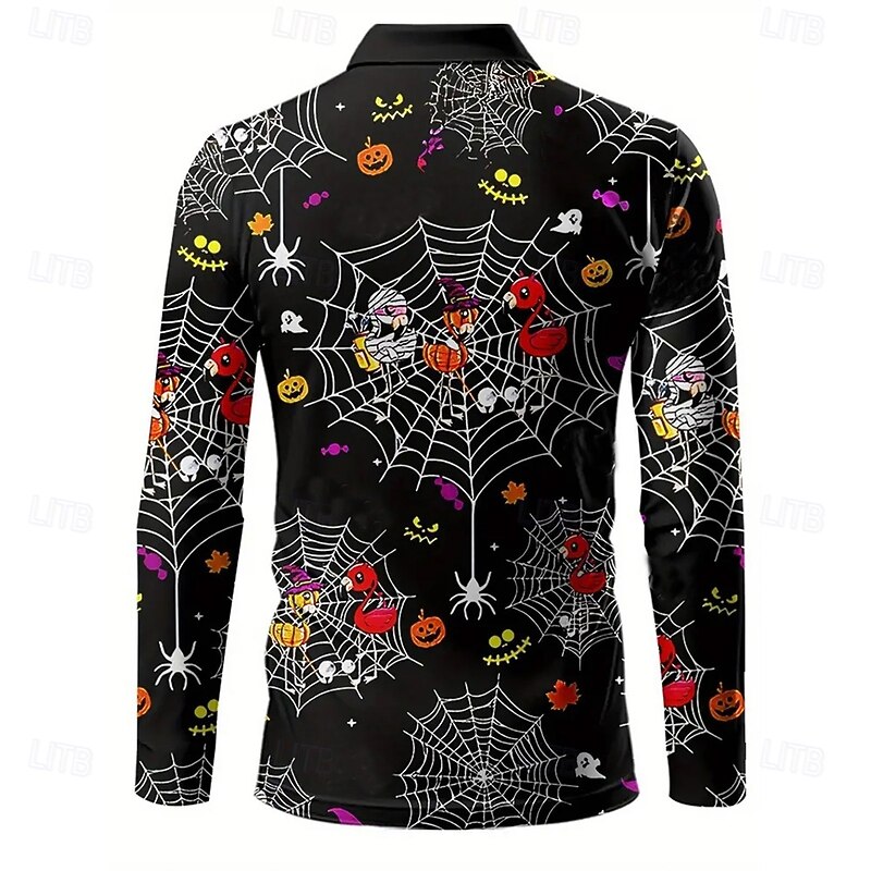 Halloween Men's Pumpkin Ghost Polo Long Sleeve Polo Shirts Lapel Casual Dark Street Daily Wear Festival Outfit 3D Print Buttons Spring Fall Winter Black3