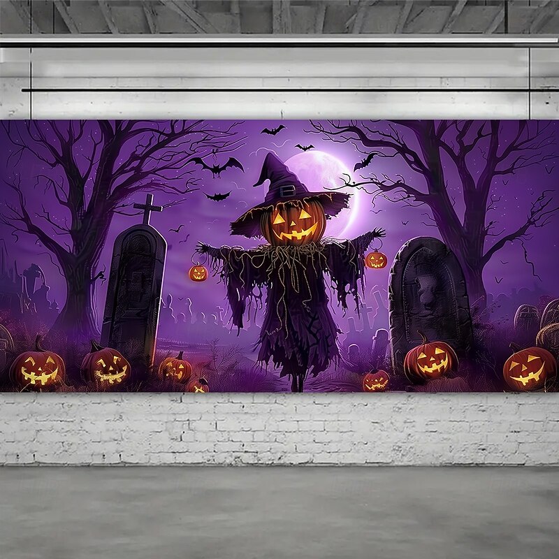 Halloween Garage Door Cover Neon Scarecrow in Haunted Graveyard Banner, Glowing Blacklight Backdrop Decoration for Holiday Outdoor Garage Door and Home Wall, 2025 Halloween Decorations3