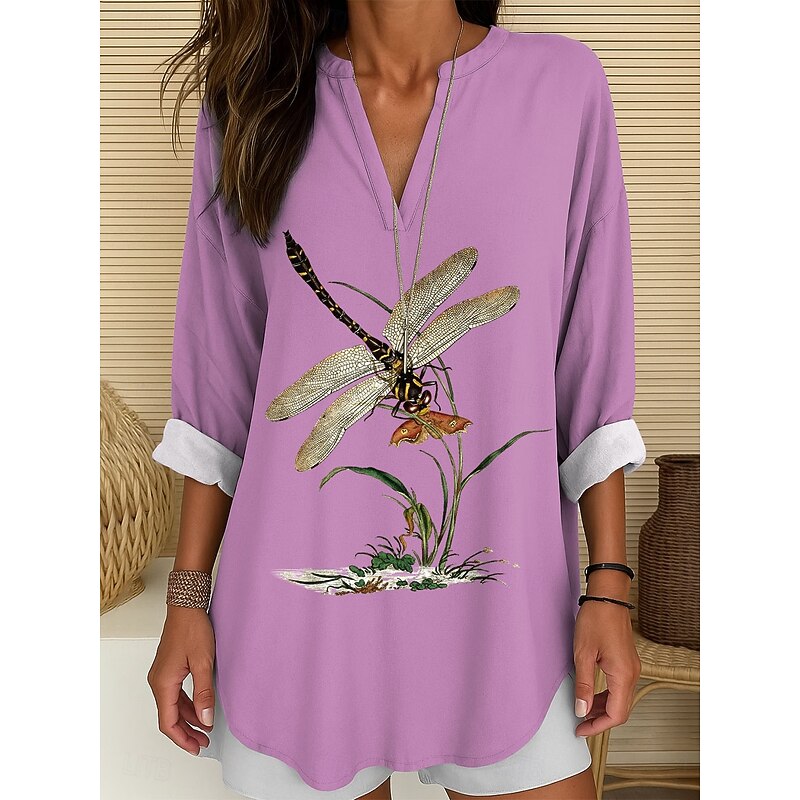 Women's Blouse Tunic V Neck Long Sleeve Boho Casual Tops Graphic Animal Dragonfly Vintage Tropical Long Tops Daily Wear Print White Blue Purple Green4