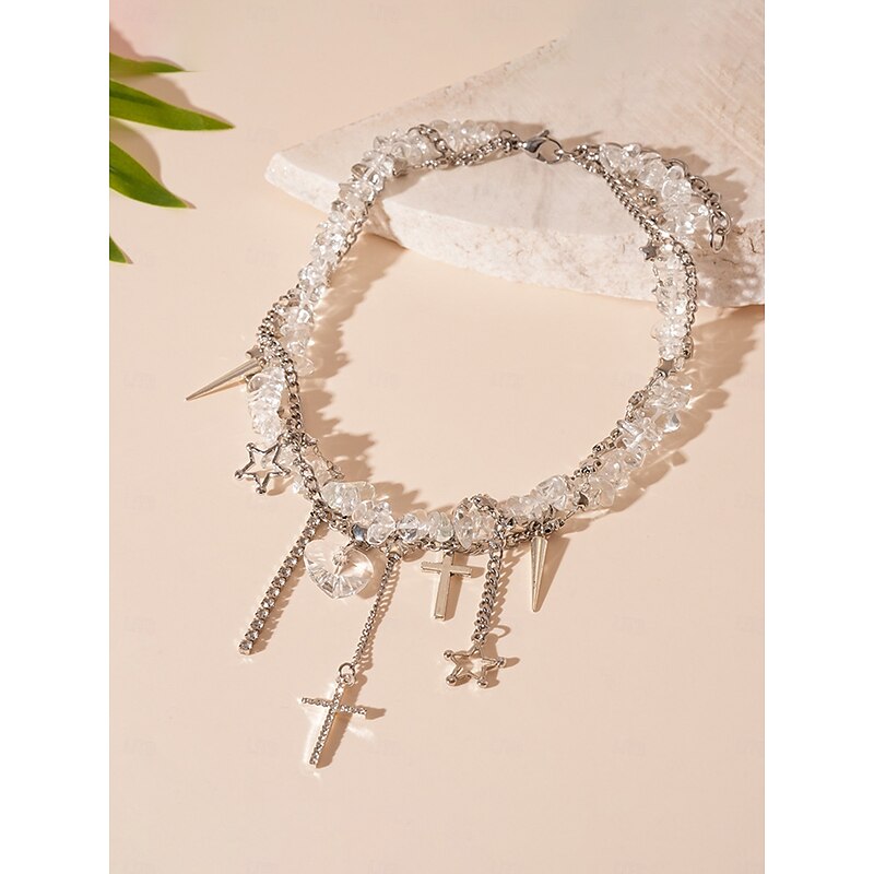 Women's Punk Gothic Black Stone Choker Necklace with Cross, Heart and Star Charms - Statement Jewelry for Party, Club and Night Out4