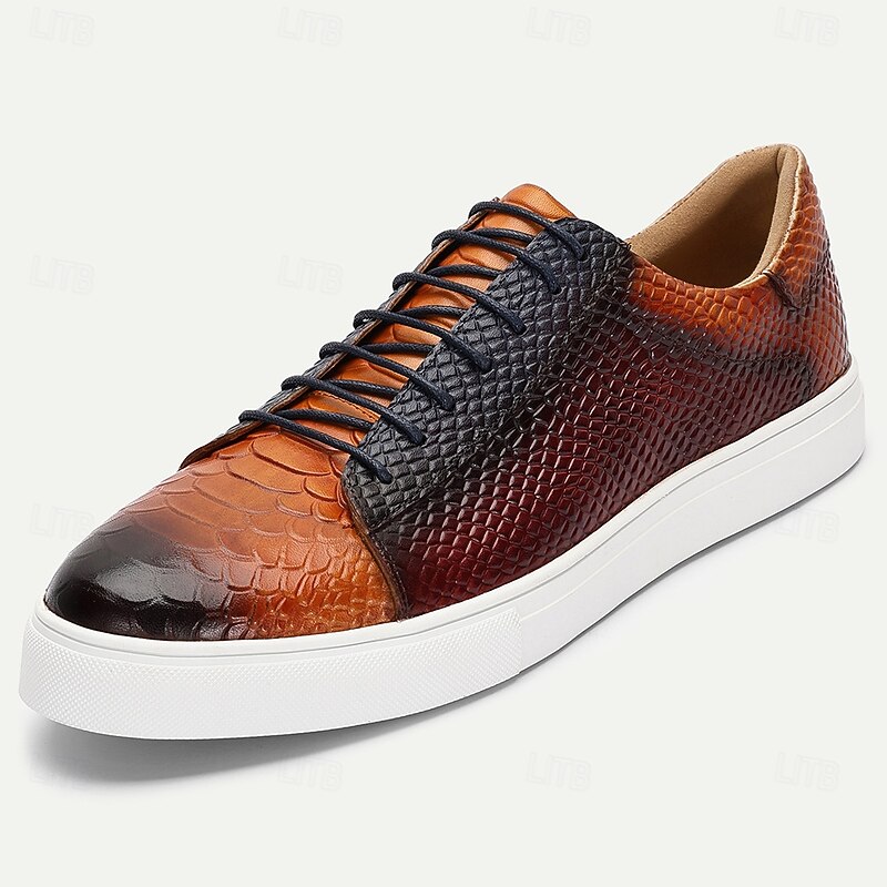 Men’s Crocodile Pattern Genuine Leather Sneakers – Gradient Orange Lace-up Casual Shoes for Stylish Gentlemen, Smart Casual Looks and Weekend Gatherings2
