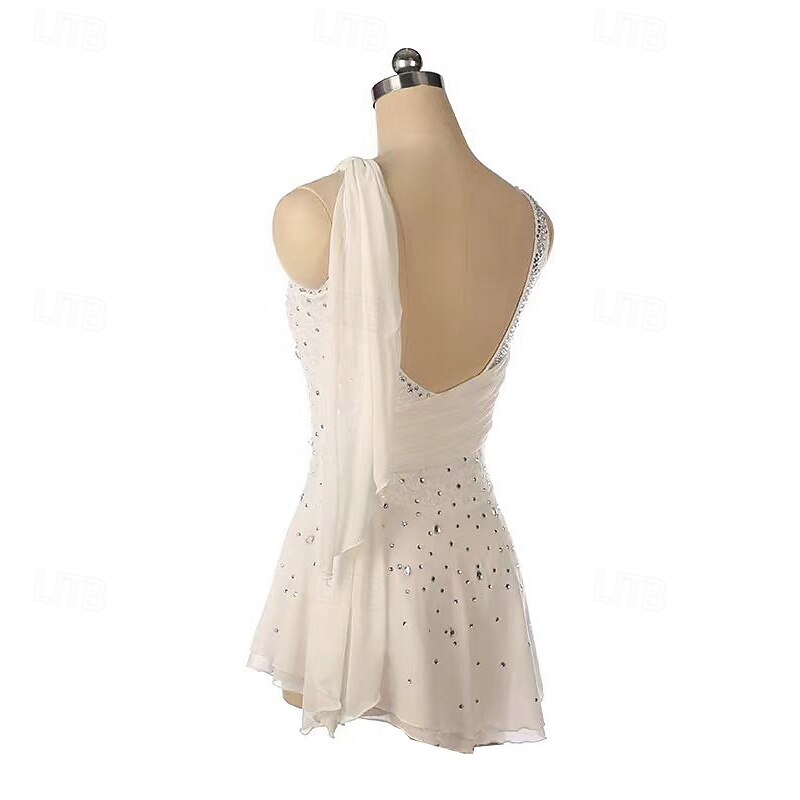 Figure Skating Dress Women's Girls' Ice Skating Dress White Patchwork Open Back Mesh Spandex Stretchy Training Practice Professional Skating Wear Thermal Warm Crystal / Rhinestone Long Sleeve Ice3