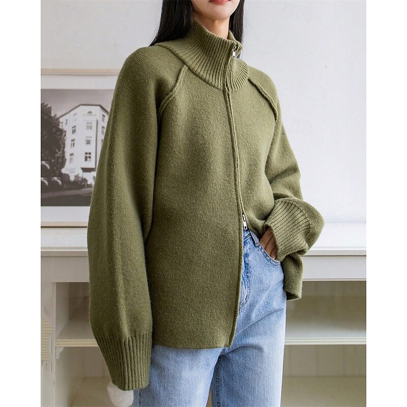 Women's Sweater Cardigan Fashion Streetwear Daily Solid Color Ribbed Turtleneck Zipper Knitted Long Sleeve Long Tops Knit Holiday Going out Weekend Navy Blue Green Fall Winter2