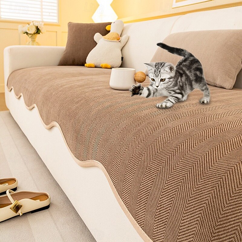 Minimalist Herringbone Sofa Cover For Dog Chenille Non-Slip Wavy Edge Couch Cover Pet Friendly3