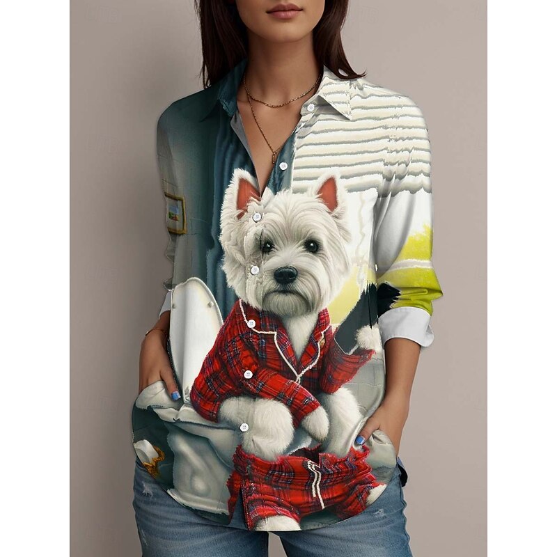 Women's Shirt Button Down Tunic Shirt Collar Long Sleeve Graphic Animal Active Vintage Cute Regular Tops Work Daily s Print Pink Blue Green Spring Fall Winter2