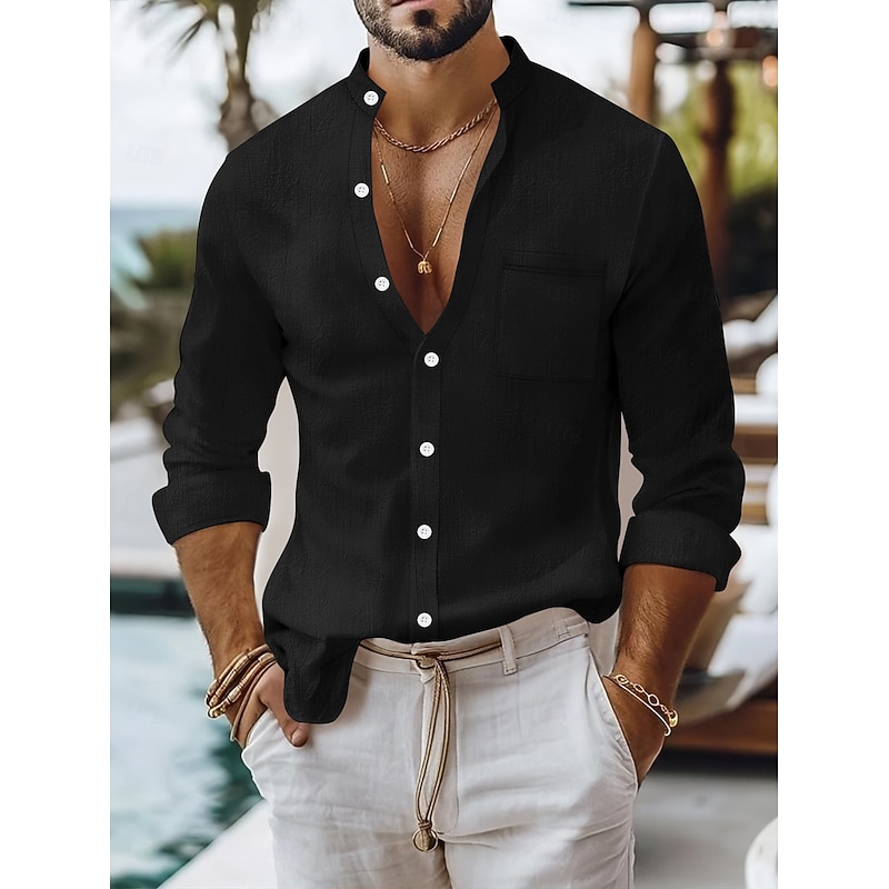 Men's Shirt Linen Shirt Summer Shirt Beach Wear Button Up Shirt Plain Vacation Daily Black White Yellow Navy Blue Long Sleeve Band Collar Summer Spring & Summer Clothing Apparel Pocket4