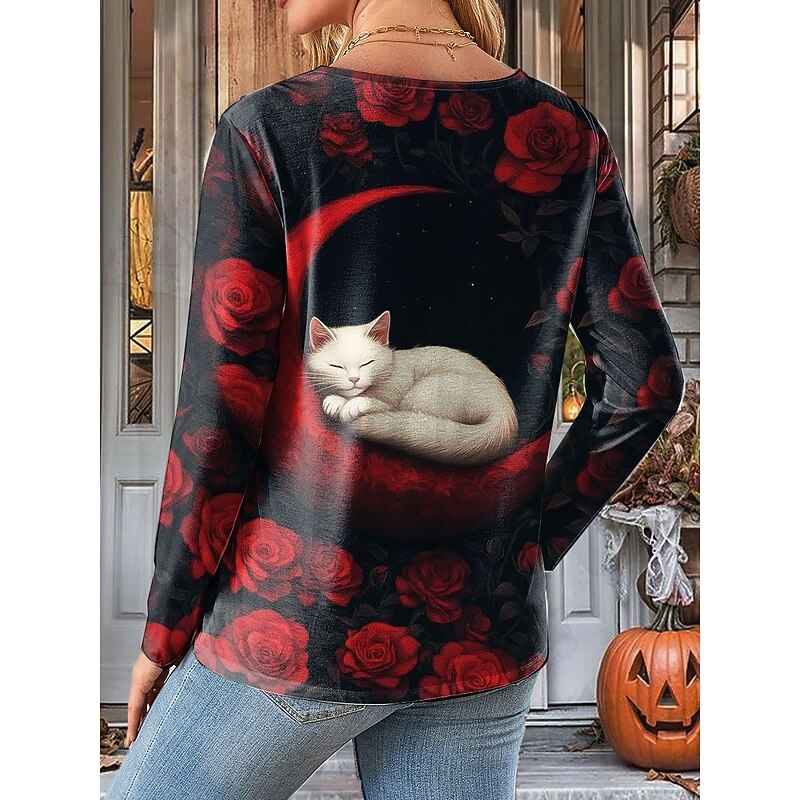 Halloween Women's T shirt Black Cat Long Sleeve Crew Neck Long Sleeve Tunic Floral Graphic Cat Vintage Stylish Classic Daily Weekend Print Red Blue Purple Green Spring Fall Winter Prefall2