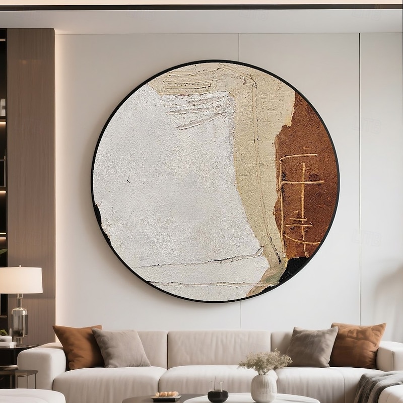 Handmade Circular Oil Painting Abstract Textured Pattern Surface With Geometric Details Modern Wall Art In Calming Ivory Beige Espresso Palette Ready To Hang Artisan Crafted Stretched painting