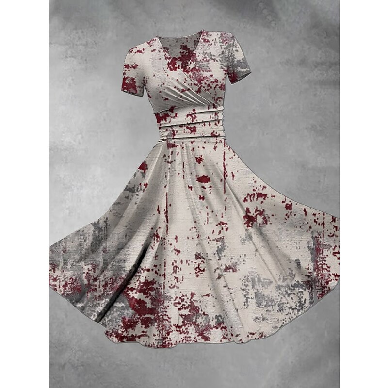 Halloween Women's Bloodstain Print Midi Dress Wrap Dress A Line Dress Dress Fit And Flare Dress Party Casual Daily Holiday Regular Fit Graphic Abstract Short Sleeve V Neck Red Beige Gray Fall3