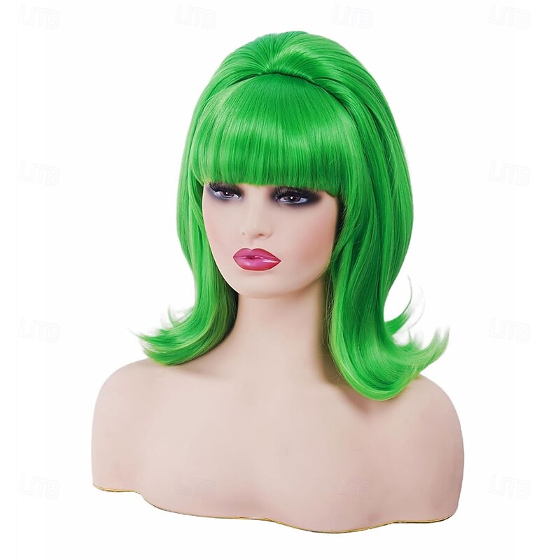 Short Wavy Green Wig with Bang Big Bouffant Beehive Wigs for Women fits 80s Costume or Halloween Party2