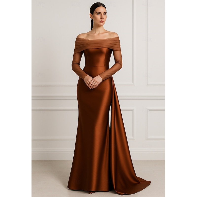 CapeBlack Column Evening Gown Elegant Dress Formal Wedding Guest  Floor Length Long Sleeve Off Shoulder Satin with Ruched Shawl