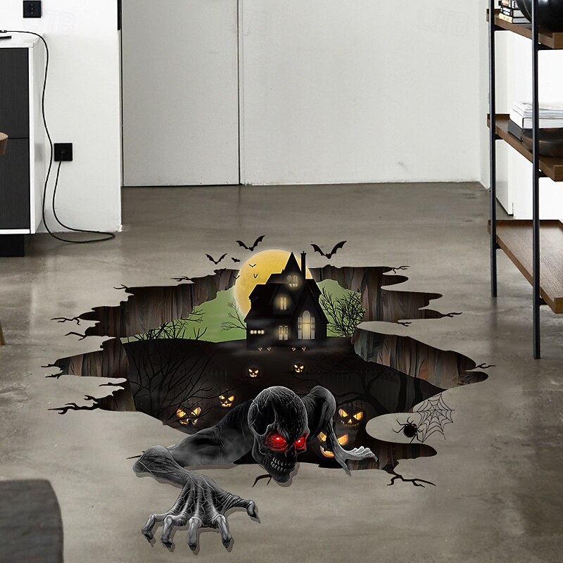 Halloween 3D Broken Wall Decal, Haunted Castle, Crow, and Spider Peel and Stick Floor and Wall Sticker, Self-Adhesive Spooky Home Decoration for Halloween Party Atmosphere