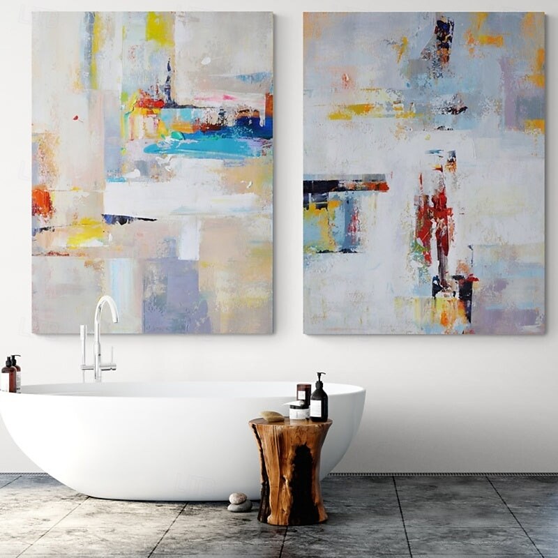 Two pieces Hand Painted abstract Oil Painting Handmade Wall Art Modern abstract minimalist original art Light steel blue wall art acrylic texture framed large canvas oil painting3