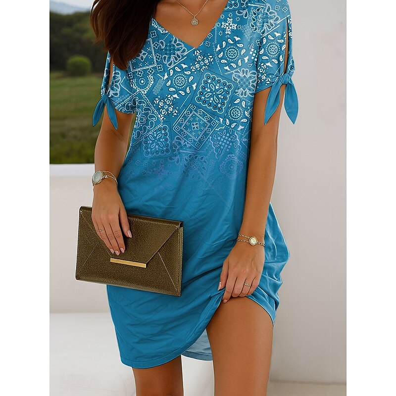 Women's Mini Dress Casual Dress T Shirt Dress Tee Dress Summer Dress Elegant Vacation Vintage Cold Shoulder Regular Fit Ombre Graphic Geometric Short Sleeve V Neck Red Blue Purple Green Summer Spring4