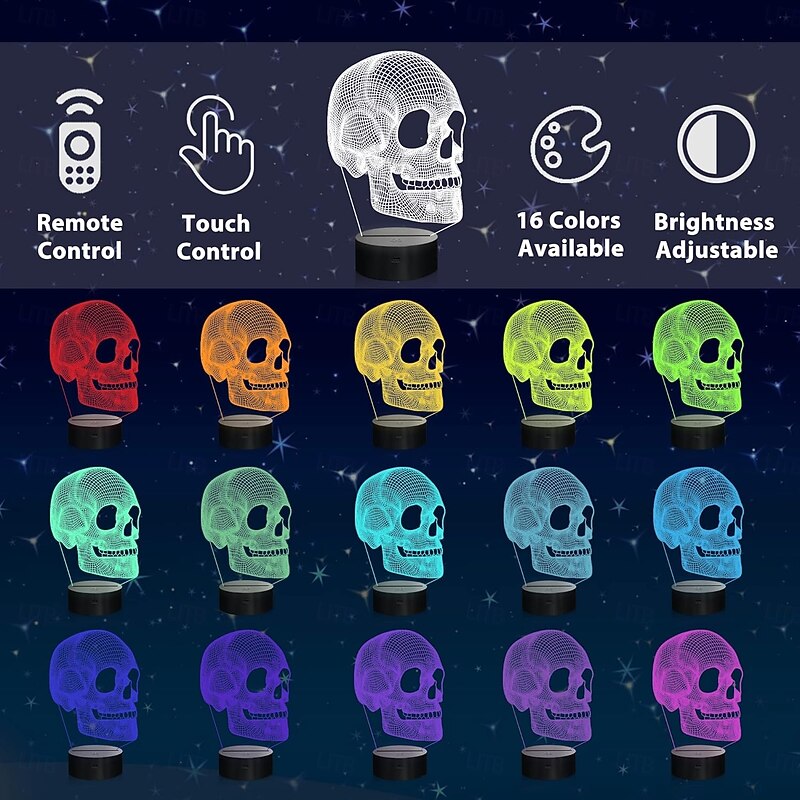 Skull Night Light for Kids, 3D Illusion Lamp LED Table Lamp 16 Colors Changing with Remote Control and Timer, Best Christmas Halloween Birthday Gift for Kids Boys2