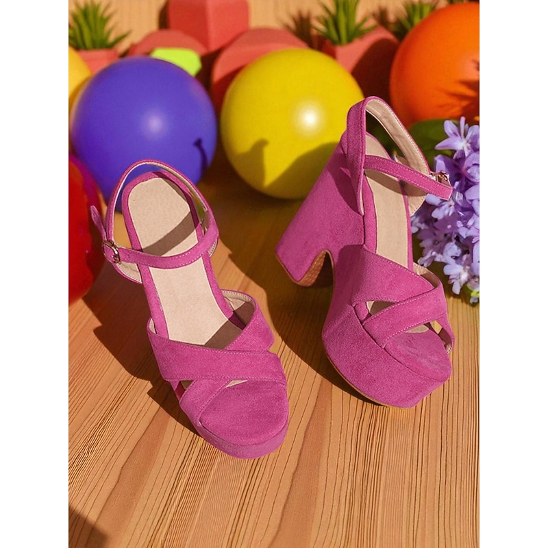 Women's Hot Pink Suede Platform Sandals with Ankle Strap - Bold Chunky Heel Shoes for Nightlife Parties and Clubs4