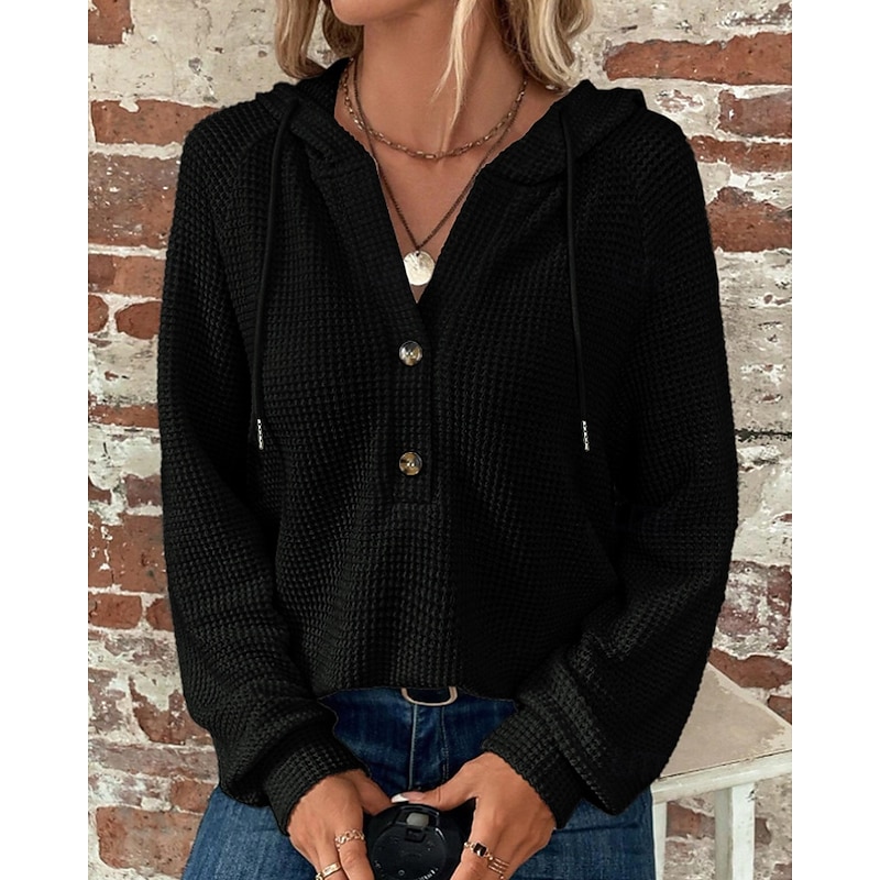 Women's Texture Sweatshirt Pullover Hoodie Sweatshirt Plain Streetwear Casual Long Sleeve Hooded Regular Tops Home Street Holiday Buttons Black White Navy Blue Fall Winter3