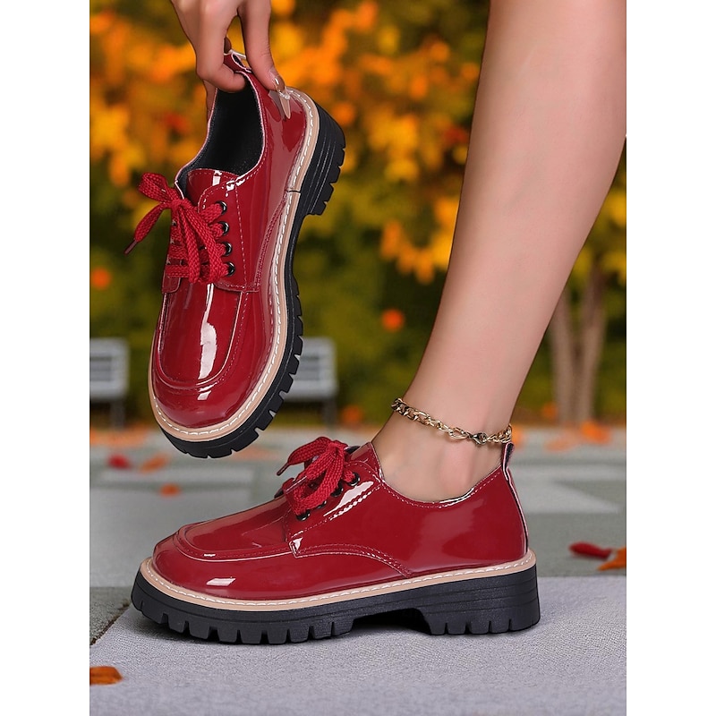 Women's Red Patent Leather Oxford Shoes – Chunky Sole Lace-Up Flats for Daily Wear, School & Urban Street Style3