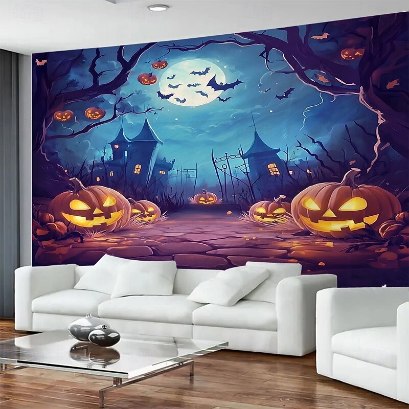 Halloween Pumpkin Lantern Bat Night Landscape Hanging Tapestry Mural Art Large Tapestry Mural Decoration Photos Background Carpet Curtains Home Bedroom Living Room Decoration2