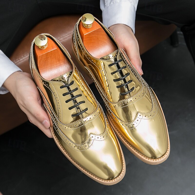 Men's Shiny Gold Oxford Dress Shoes – Wingtip Brogue Style Formal Shoes for Weddings, Parties & Stage Performance4
