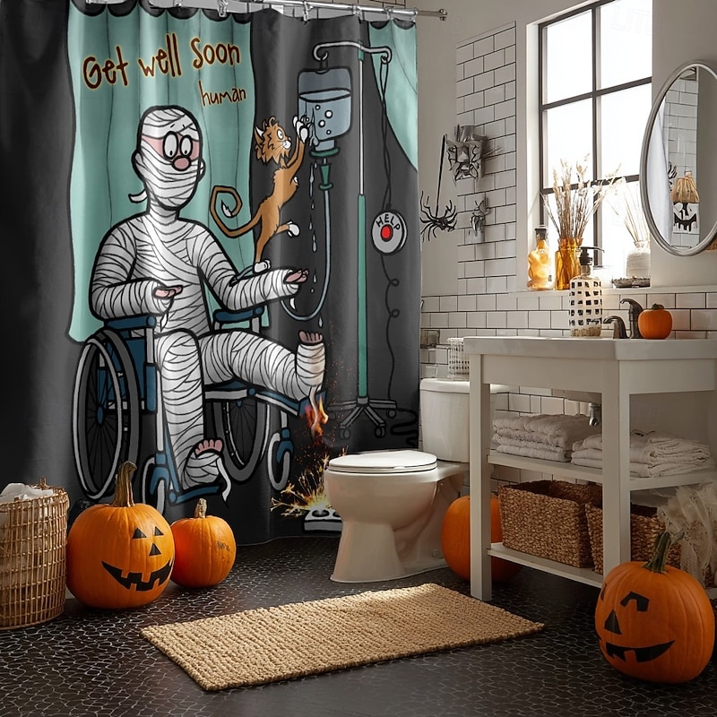 Burning Cards Get well soon and Burning Cards Halloween by Sarah Richter Halloween ShowerCurtain with Hooks Polyester Washable Waterproof Pattern Bathroom Bathtub Decor2