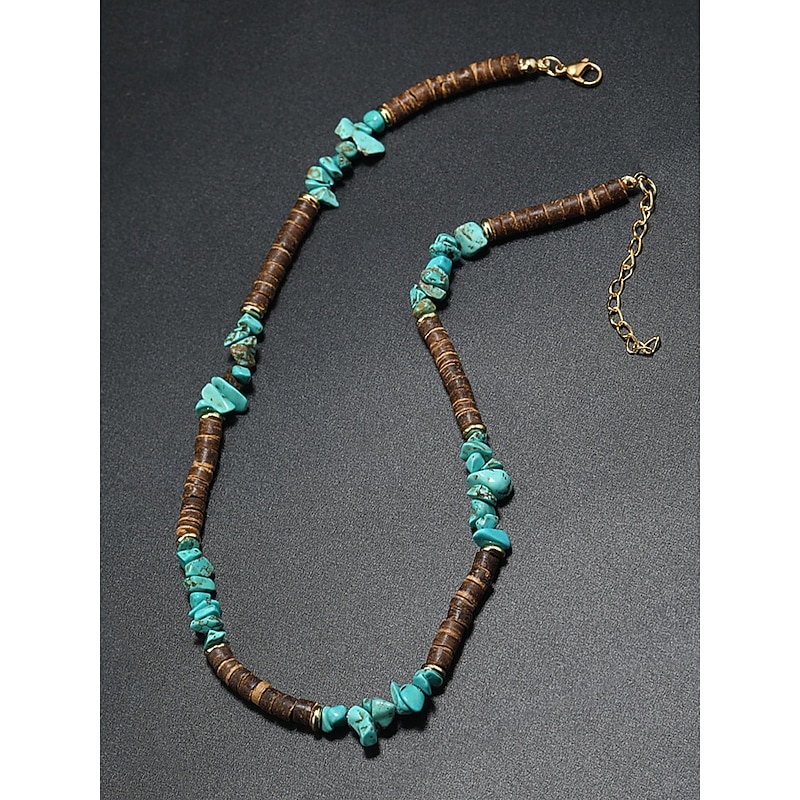 Men's Natural Stone Beaded Necklace with Turquoise Accents – Boho Beach Style Jewelry for Casual Outfits, Festivals and Summer Vacations4