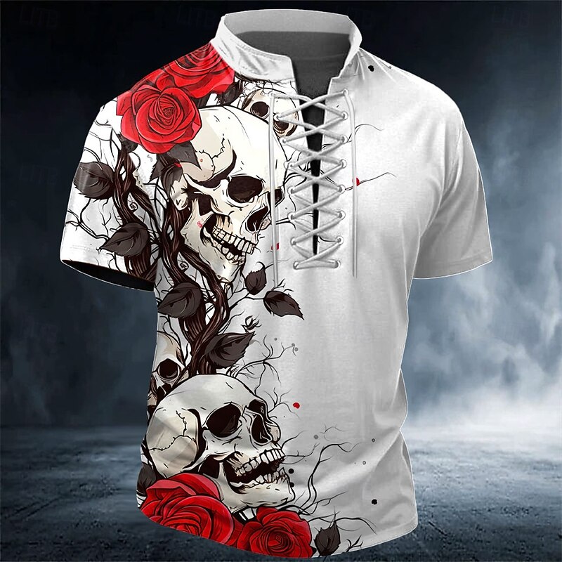 Halloween Men's Skull Rose Henley Shirt T shirt Tee Short Sleeve T shirt 3D Print Crew Neck Lace Up Neck Henley Shirt Fashion Daily Basic Street Sports Outdoor Casual Red Blue Purple Summer Spring