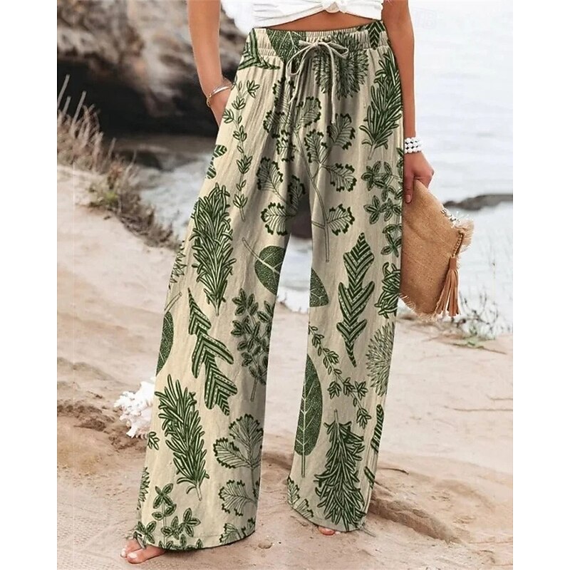 Women's Wide Leg Pants Trousers Palazzo Pants Fashion Boho Full Length High Waist Plants Elastic Waist Drawstring Print Breathability Comfortable Street Daily Wear Going out Green Spring Fall Regular