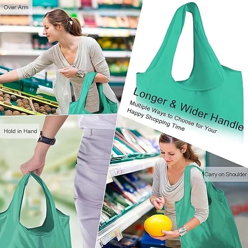 10PCS Reusable Foldable Shopping Bags, Durable Washable Polyester Tote Bags with Sturdy Handles, Bright Colors, Eco-Friendly Grocery Bags for Daily Use, Travel, Office, and Errands2