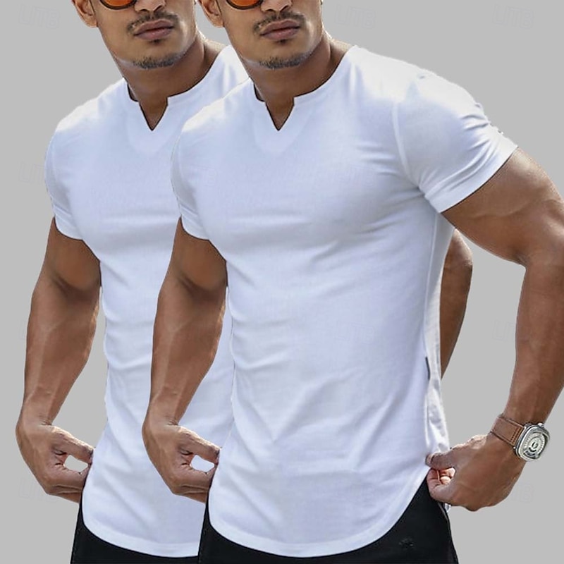 2 Pieces Men's T Shirt Casual Style Short Sleeve V Neck Summer All Seasons Plain Fashion Classic Casual 2 Pack Plain Street Casual Sports White Top Tee for Men2