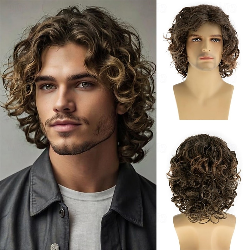 Mens Short Curly Brown Wig Synthetic Party Halloween Cosplay Hair Wig