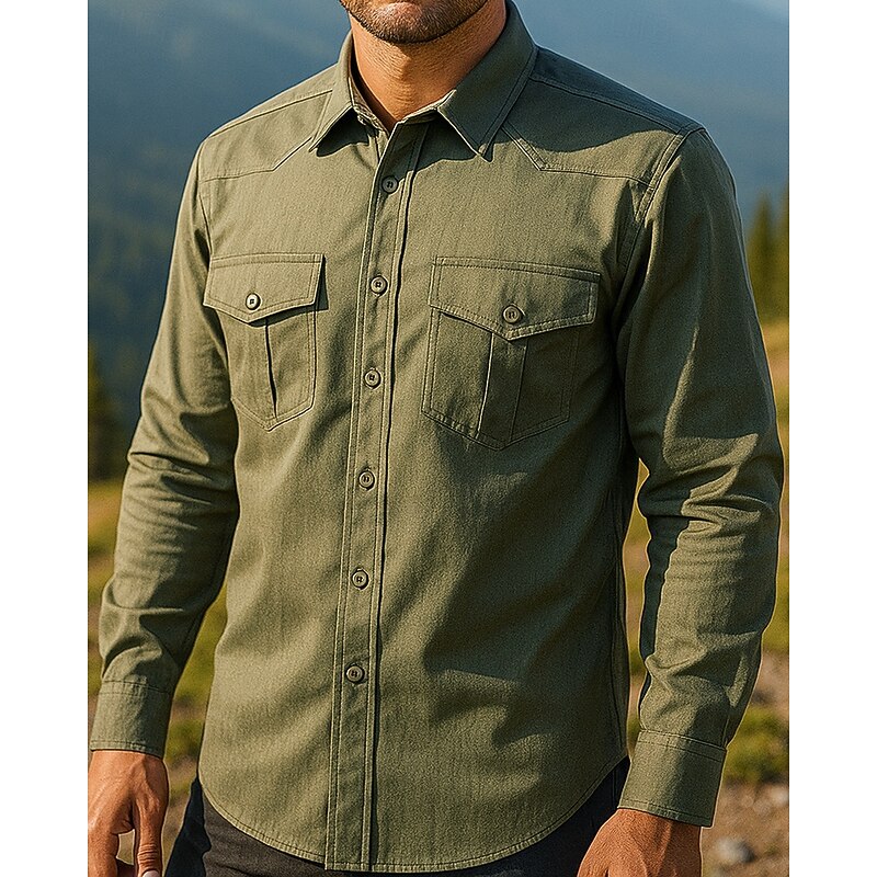 Men's Cargo Shirt Long Sleeve Turndown Top Outdoor Soft Breathable Polyester Black Green Khaki Tennis Golf Running