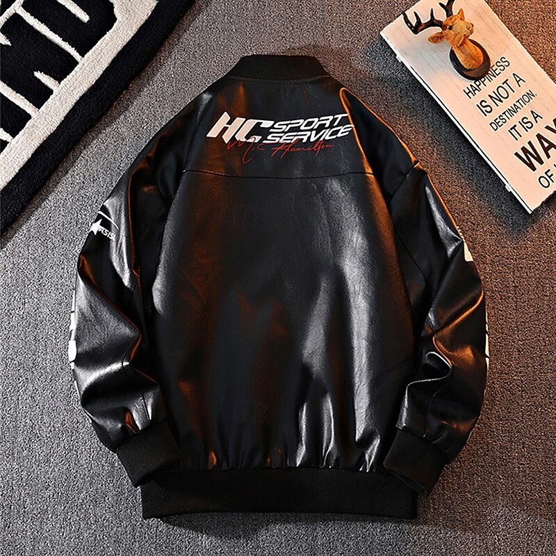 Men's Faux Leather Jacket Biker Jacket Motorcycle Jacket Vacation Daily Windproof Warm Pocket Fall Winter Letter Fashion Classic Stand Collar Regular Black White Red Jacket2