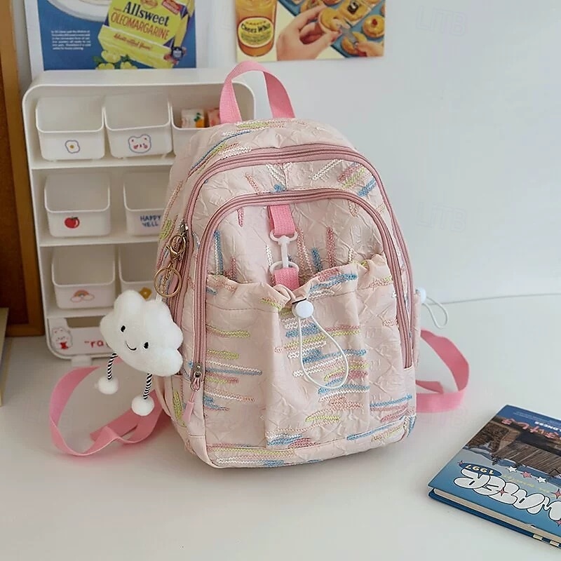 Girls' Pastel Pink Quilted Backpack – Cute Lightweight School Bag with Cloud Keychain and Front Drawstring Pocket