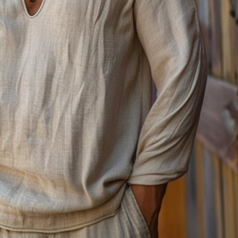 Men's Tee Top Long Sleeve Shirt Long Sleeve V Neck Summer Spring Solid Color Plain Daily Bohemian Casual Oversized Loose Outdoor Street Causal Beige Top Tee for Men3