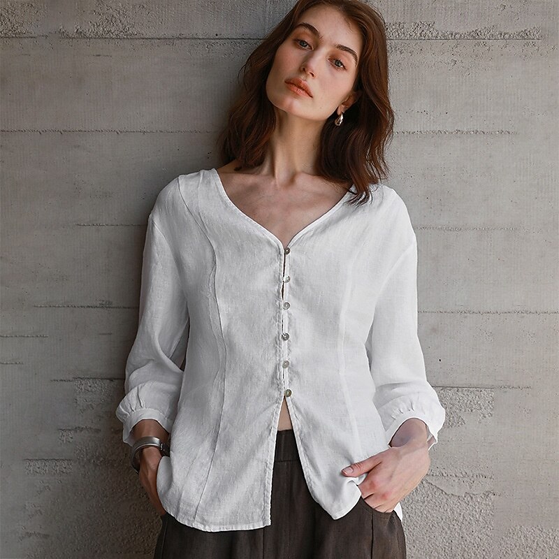 Women's 100% Linen Shirt Solid Color Plain Elegant Vintage Daily 3/4 Length Sleeve V Neck Regular Tops Work Daily Holiday Hemp White Summer Spring Fall - Main Image