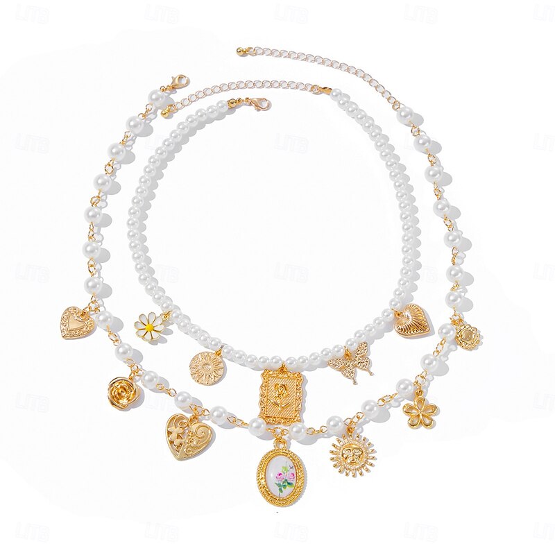 Pendant Necklace Pearl Women's Tassel Modern Lolita Double Layered Sun Heart Wedding Drops Necklace For Wedding Party Daily3