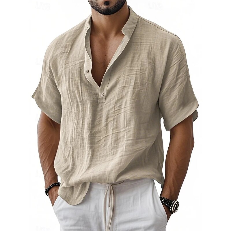 Men's Linen Shirt Popover Shirt Casual Shirt Button Up Shirt Plain Vacation Street Black White Light Green Dark Navy Short Sleeves Band Collar Spring Fall Clothing Apparel Buttons2