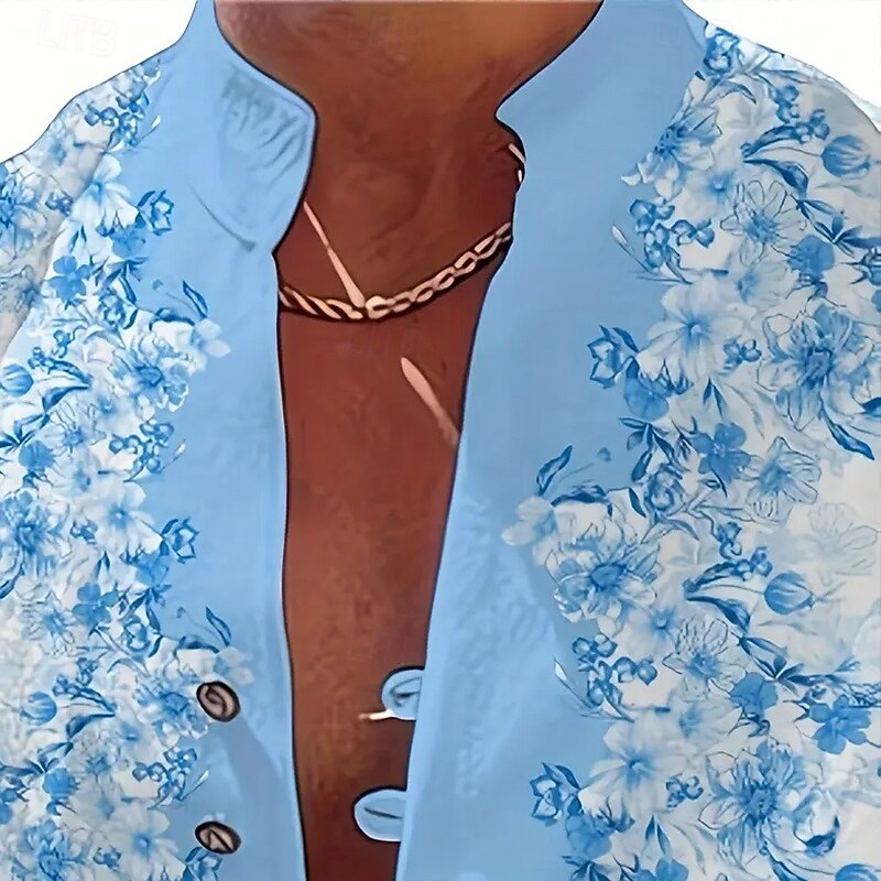 Men's Floral Print Flowers Shirt Stand Collar Shirt Long Sleeve Fashion Casual Vacation Daily Wear Going out Spring Fall Mandarin Collar Band Collar Button-Down Linen Like Shirt White3