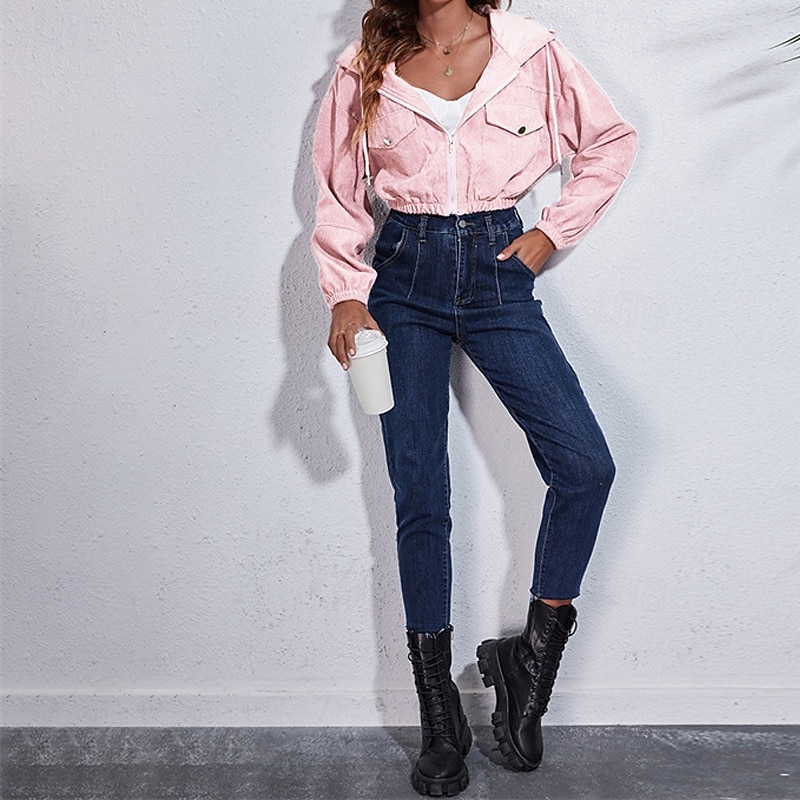 Women's Casual Jacket Warm Comfortable Zipper Pocket Fashion Outdoor Plain Going out Weekend Zipper Short Hooded Regular Fit Long Sleeve Outerwear Black Pink Fall Winter2