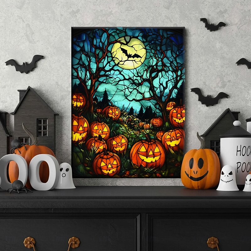 Halloween Pumpkin Clock Night Scene LED Canvas Wall Art - Battery Operated Lighted Wall Decor for 2025 Halloween home decoration light livingroom and bedroom3