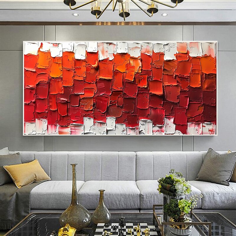 Handmade Original Minimalist Oil Painting On Canvas Abstract Red Impasto Textured Wall Art for Home Decor With Stretched Frame Without Inner Frame Painting