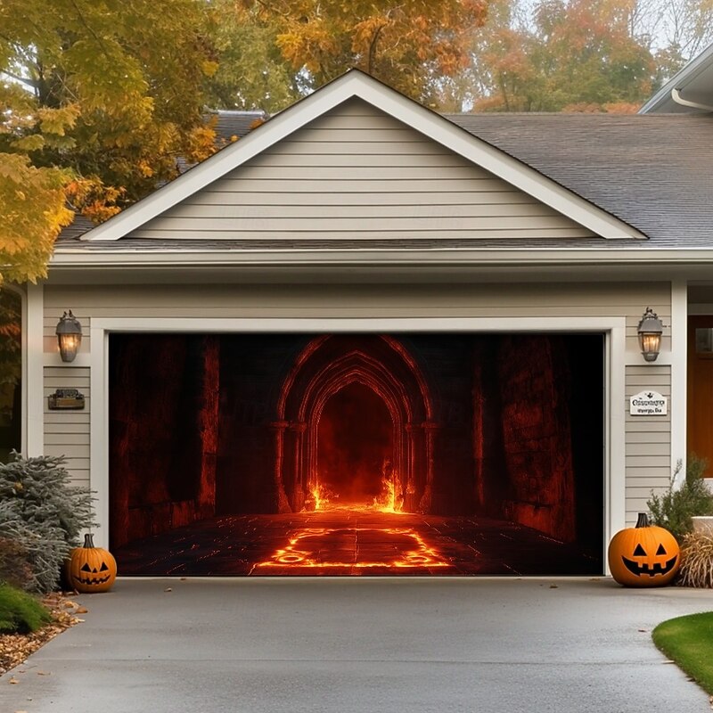 Halloween Garage Door Cover Banner Backdrop – Hellfire Portal with Fiery Flames, Oversized for Garage Door, Photo-Ready Haunted Decoration for 2025 Halloween Home Front Yard4