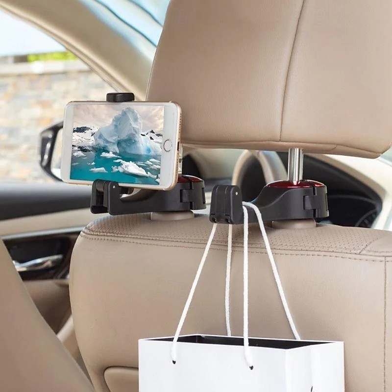 2pcs Headrest Bracket Car Hook 2 in 1 Car Headrest Hidden Hook Multifunction Rear Seat Organizer Locking Phone Holder Mount Hanger for Bags